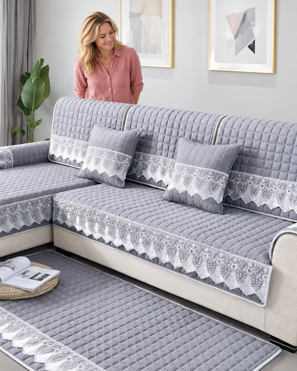 Sofa Decor Willow Brushed Sofa Seat Cover in light gray, styled with a blonde woman.