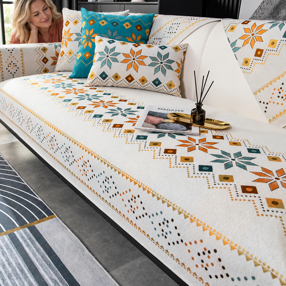 Sofa Decor Nordic Chenille Sofa Cover in N1, styled with a blonde woman.