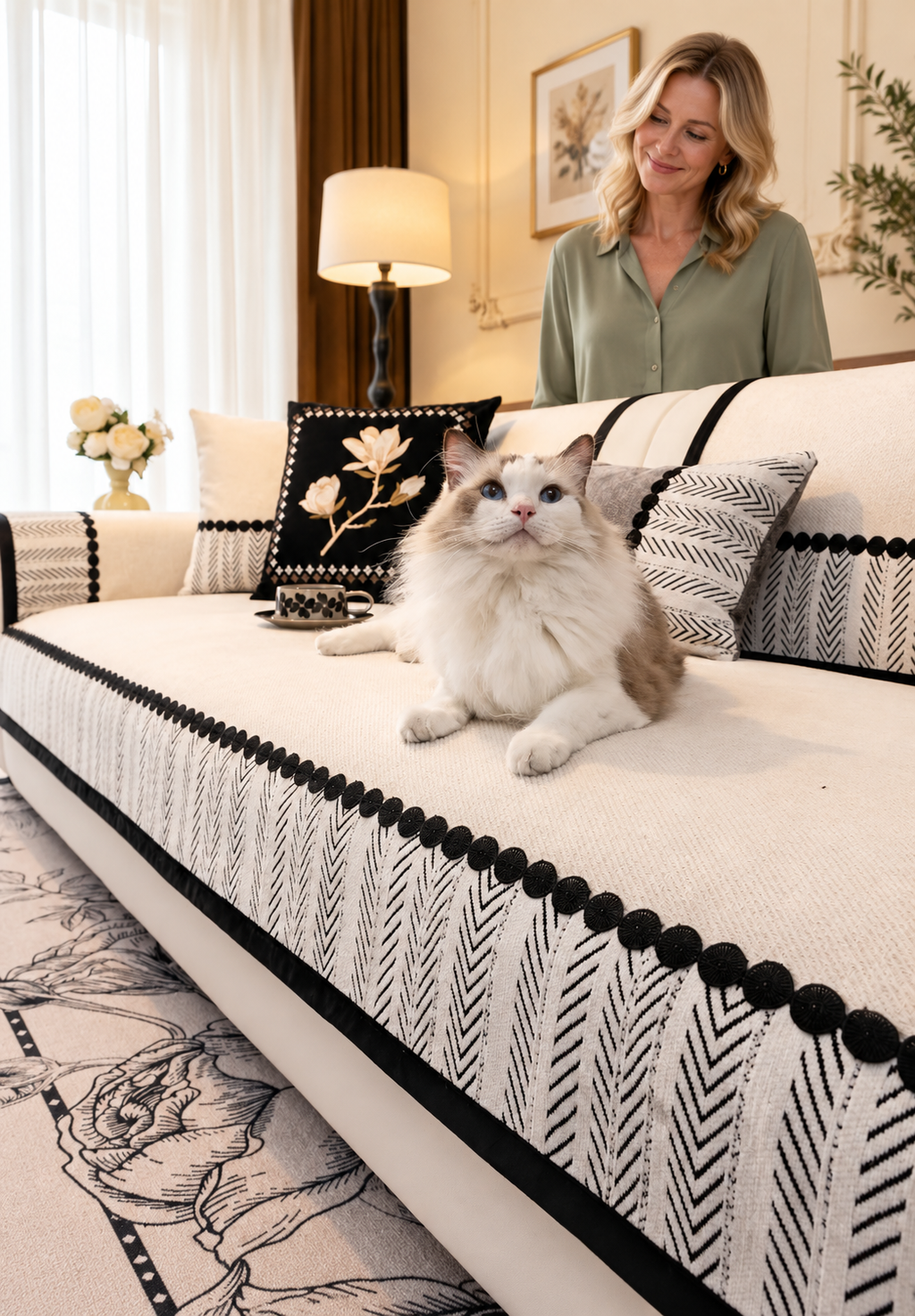Sofa Decor Marlow Chenille Sofa Seat Cover in Beige, styled with a blonde woman.