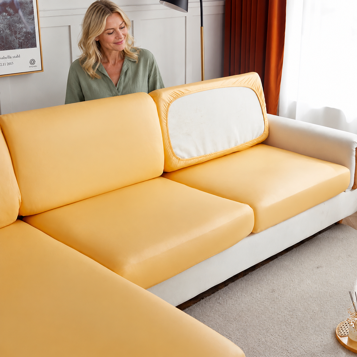 Sofa Decor Nero Water Resistant Leather Cushion Cover in color 7, styled with a blonde woman.