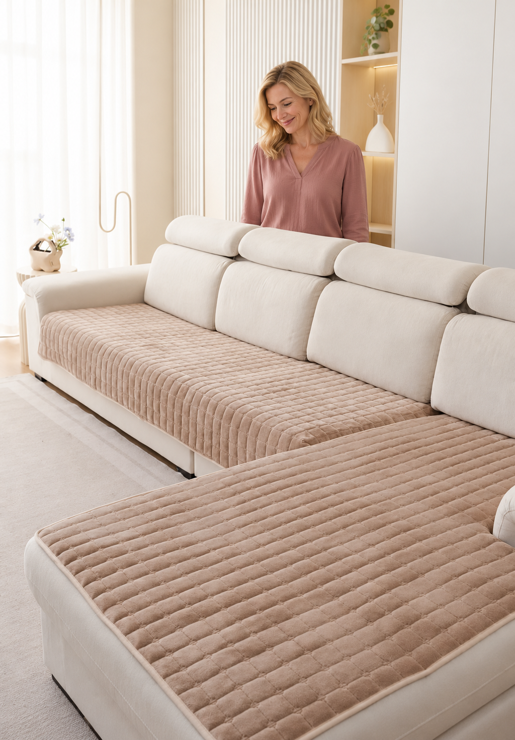 Sofa Decor Velluto Velvet Sofa Cushion Cover in Light Coffee, styled with a blonde woman.