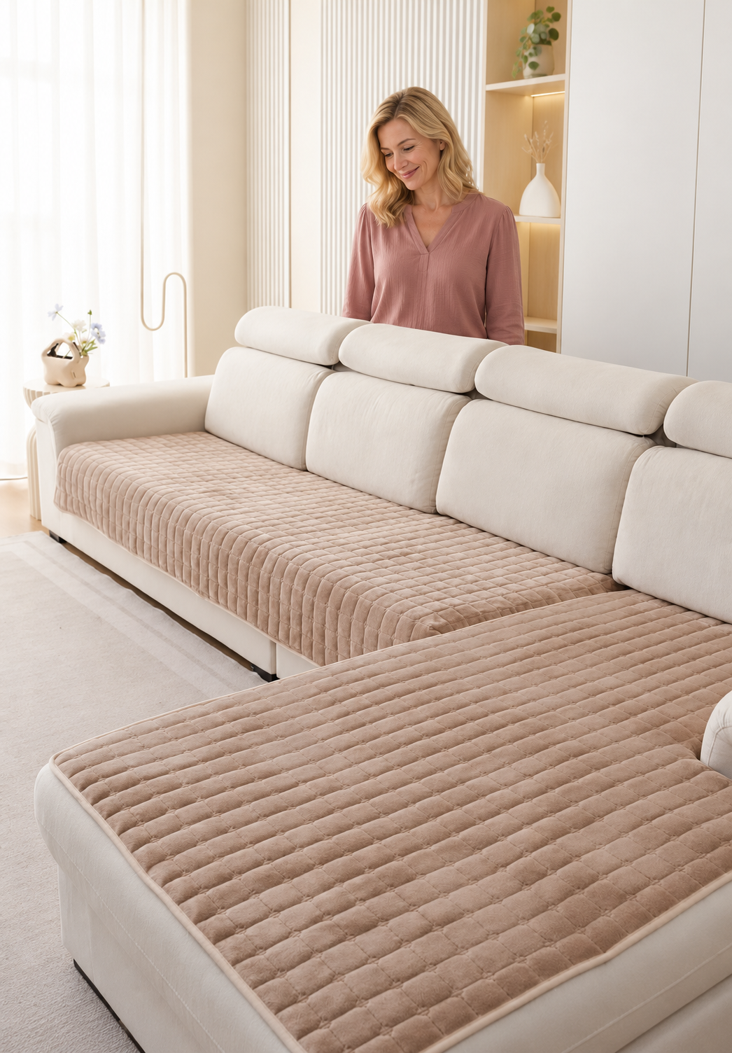 Sofa Decor Velluto Velvet Sofa Cushion Cover in Light Coffee, styled with a blonde woman.