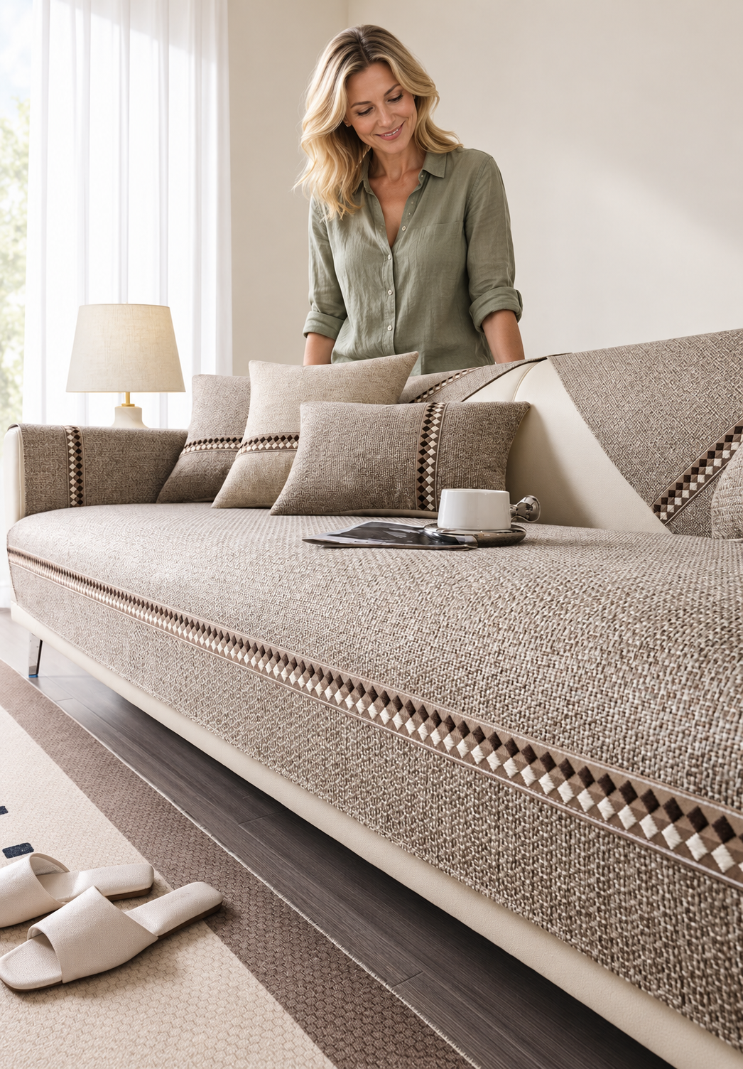 Sofa Decor Haven Thick All Season Sofa Cover in A2 Khaki, styled with a blonde woman.