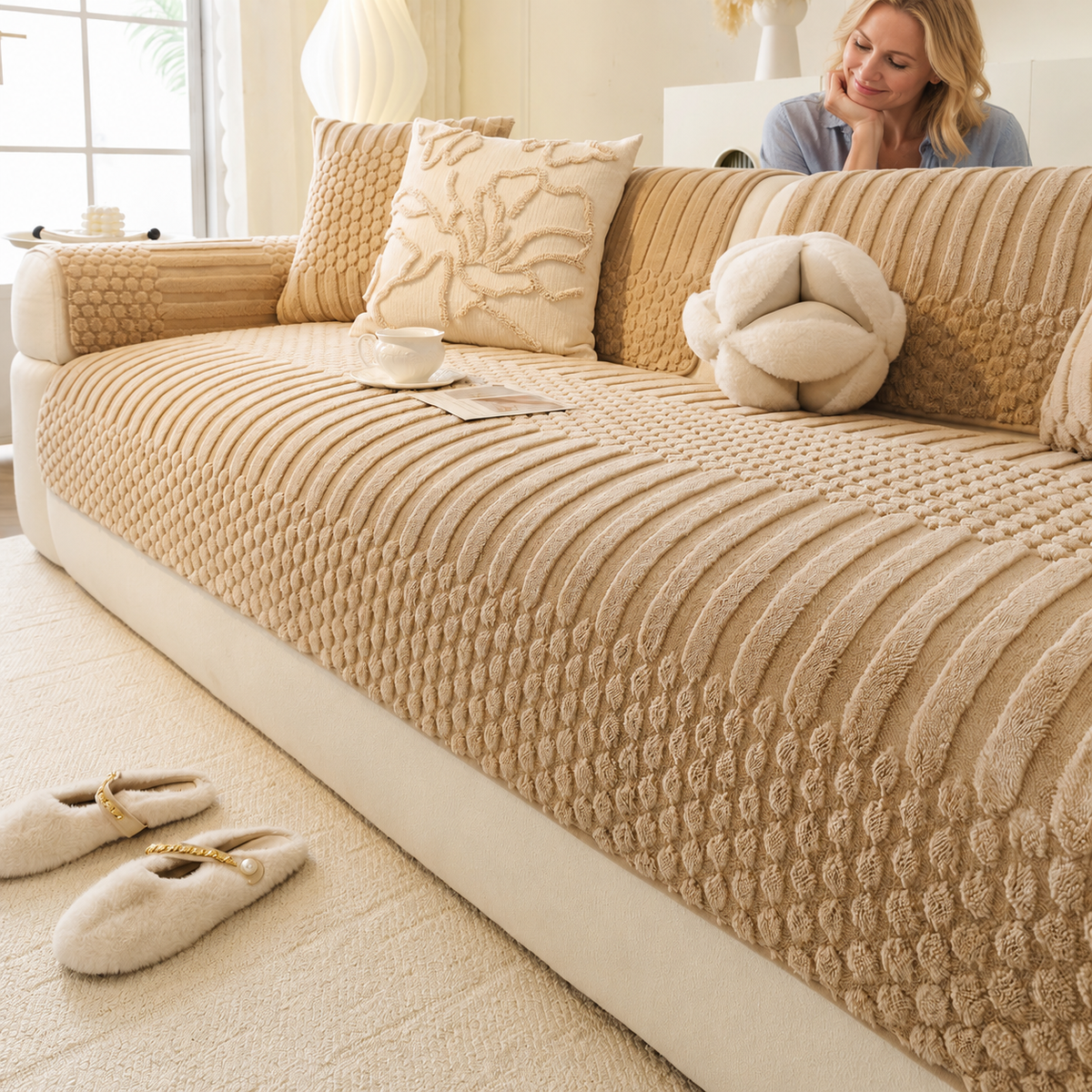 Sofa Decor Kora Geometric Fleece Sofa Cover in Khaki, styled with a blonde woman.