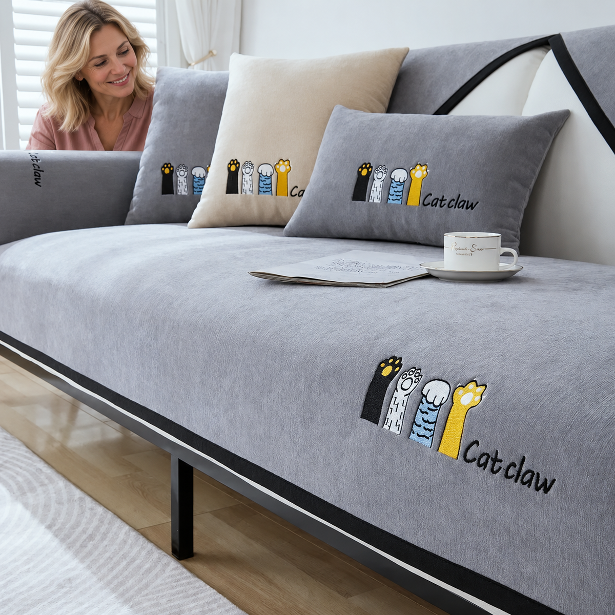 Sofa Decor Como Water Resistant Chenille Cushion Cover in B, styled with a blonde woman.