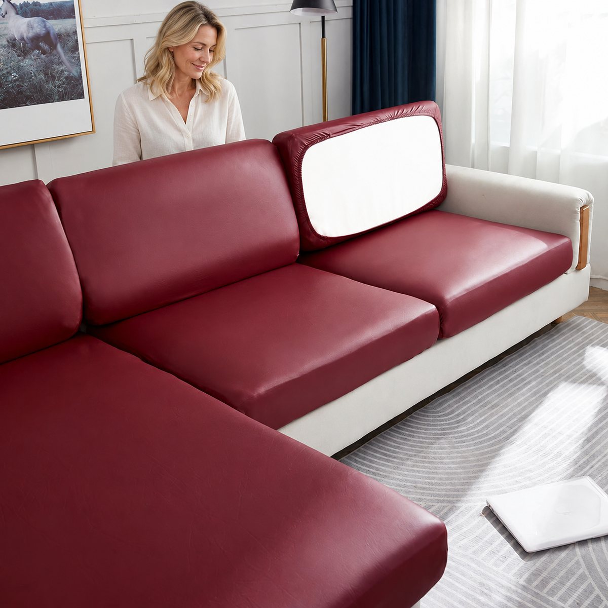 Sofa Decor Nero Water Resistant Leather Cushion Cover in color 11, styled with a blonde woman.