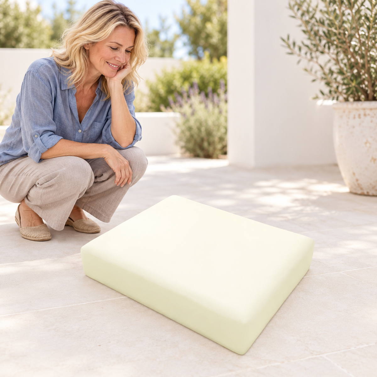 Sofa Decor Avalon Water Resistant Outdoor Chair Covers in 3, styled with a blonde woman.