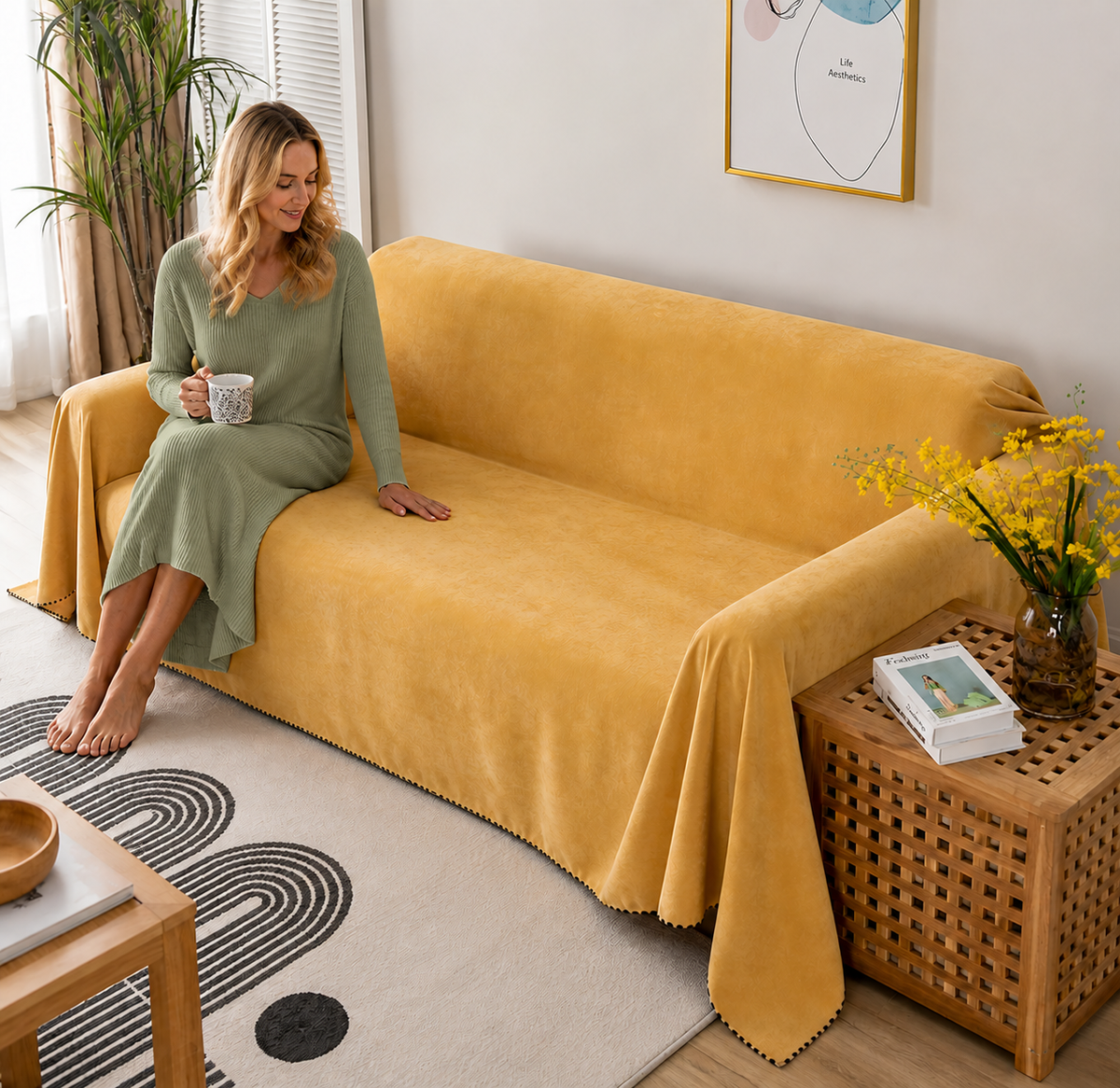 Sofa Decor Slate Water Resistant Sofa Blanket Cover in yellow, styled with a blonde woman.
