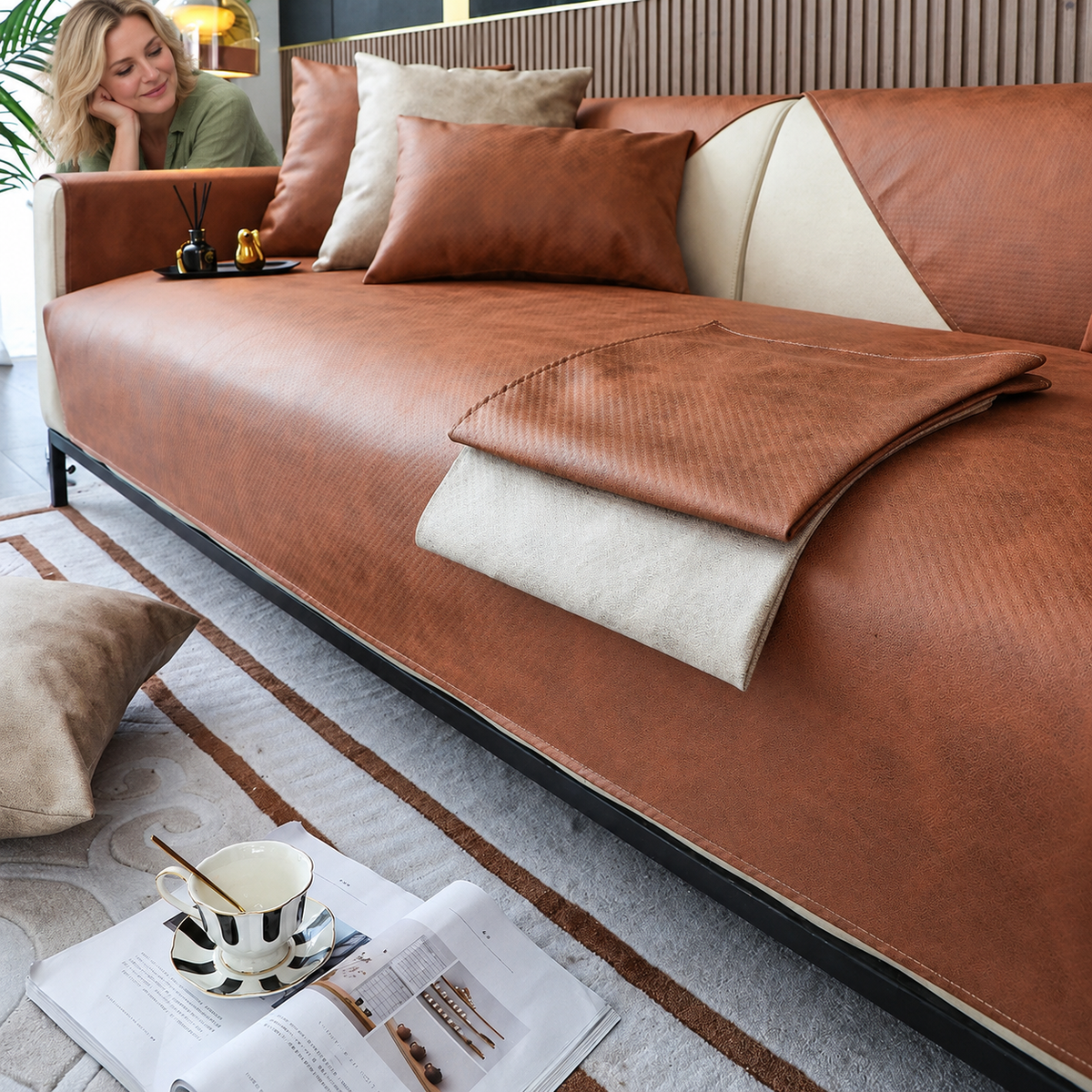 Sofa Decor Talia Tech Fabric Sofa Cover in A3, styled with a blonde woman.
