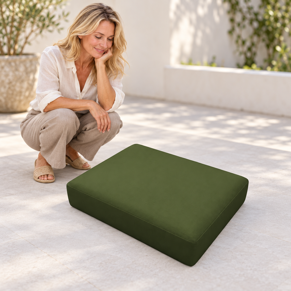 Sofa Decor Avalon Water Resistant Outdoor Chair Covers in 6, styled with a blonde woman.