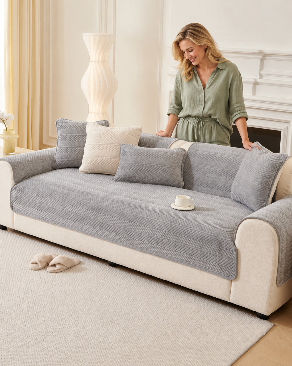 Sofa Decor Umbria Velvet Geometric Sofa Cover in A3 Gray, styled with a blonde woman.