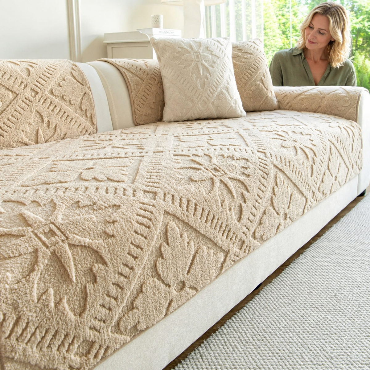 Sofa Decor Provence Plush Winter Sofa Seat Pad in A2 Khaki, styled with a blonde woman.