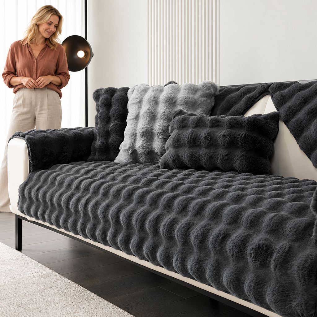 Sofa Decor Aurelia Faux Fur Cushion Cover in Dark Gray, styled with a blonde woman.