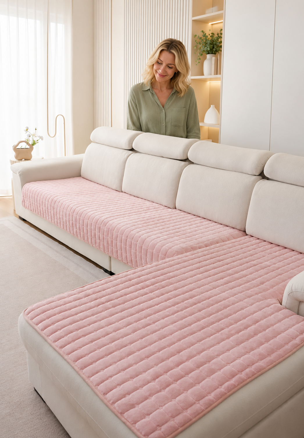 Sofa Decor Velluto Velvet Sofa Cushion Cover in Pink, styled with a blonde woman.
