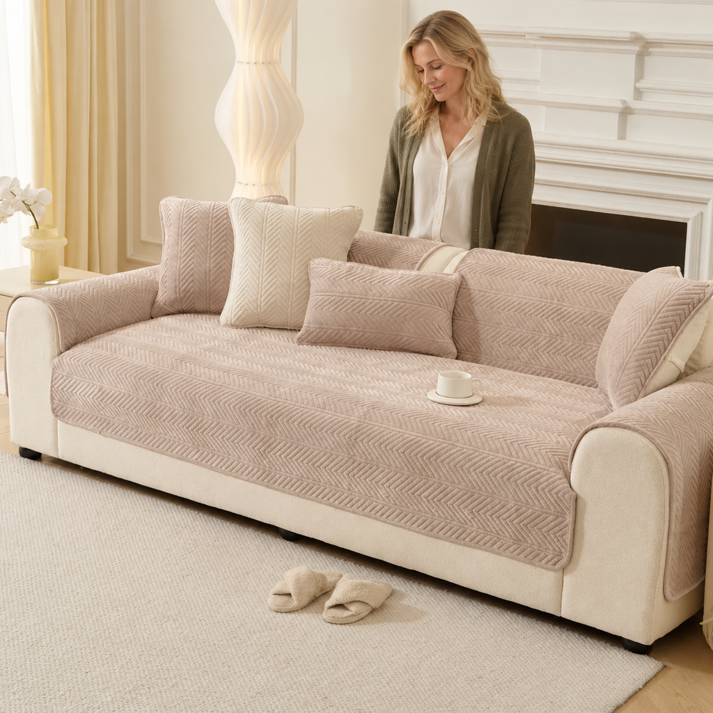 Sofa Decor Umbria Velvet Geometric Sofa Cover in A1 Khaki, styled with a blonde woman.