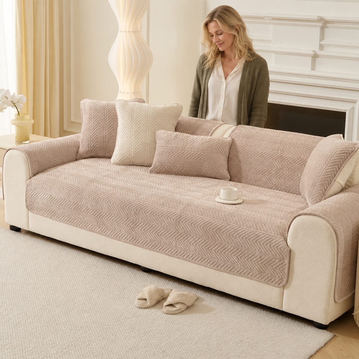 Sofa Decor Umbria Velvet Geometric Sofa Cover in A1 Khaki, styled with a blonde woman.