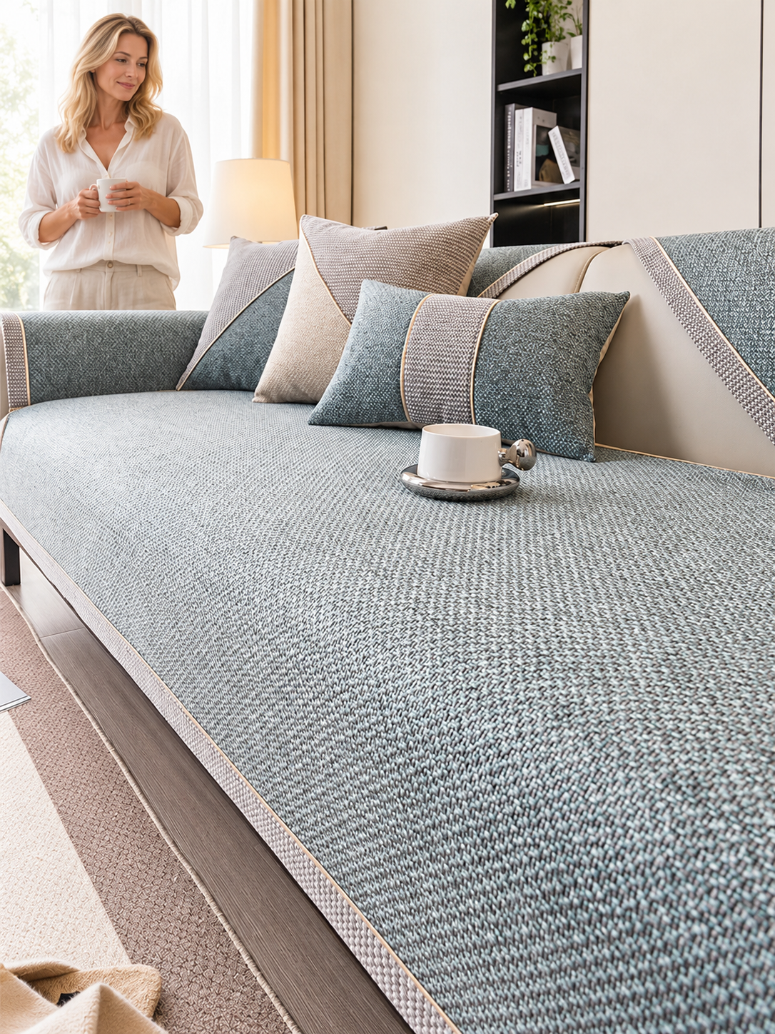 Sofa Decor Haven Linen Look Sofa Cushion Cover in B, styled with a blonde woman.