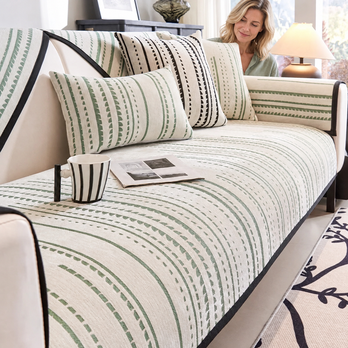 Sofa Decor Haven Thick All Season Sofa Cover in B5 Green, styled with a blonde woman.