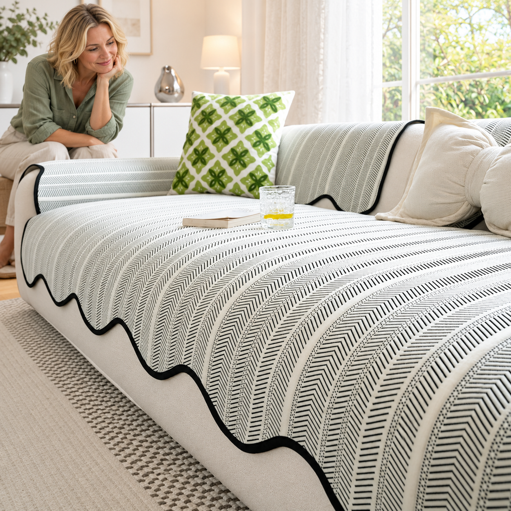 Sofa Decor Breeze Summer Cool Sofa Cover in A4 sofa cover, styled with a blonde woman.