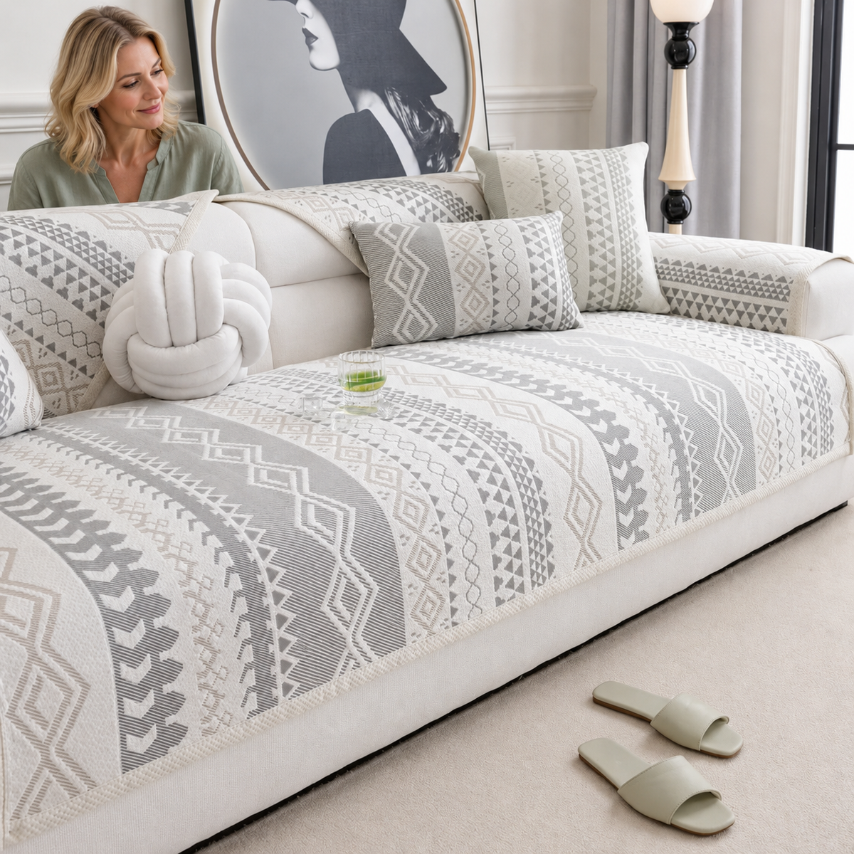 Sofa Decor Mira Ice Silk Couch Cover in A2, styled with a blonde woman.