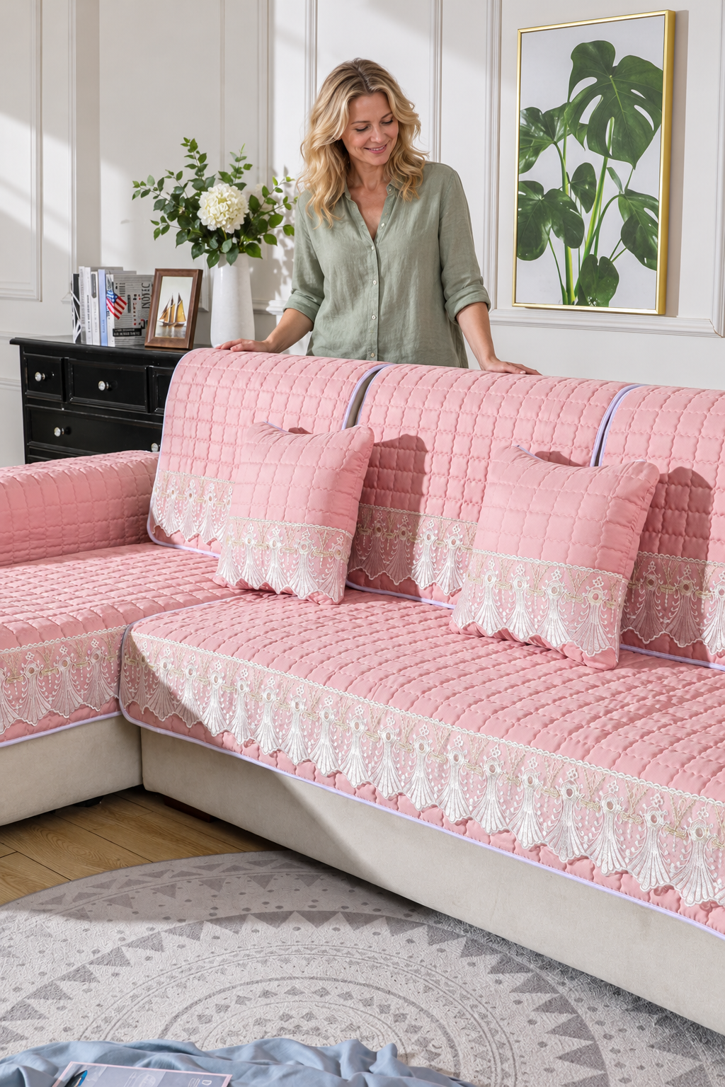 Sofa Decor Willow Brushed Sofa Seat Cover in pink, styled with a blonde woman.