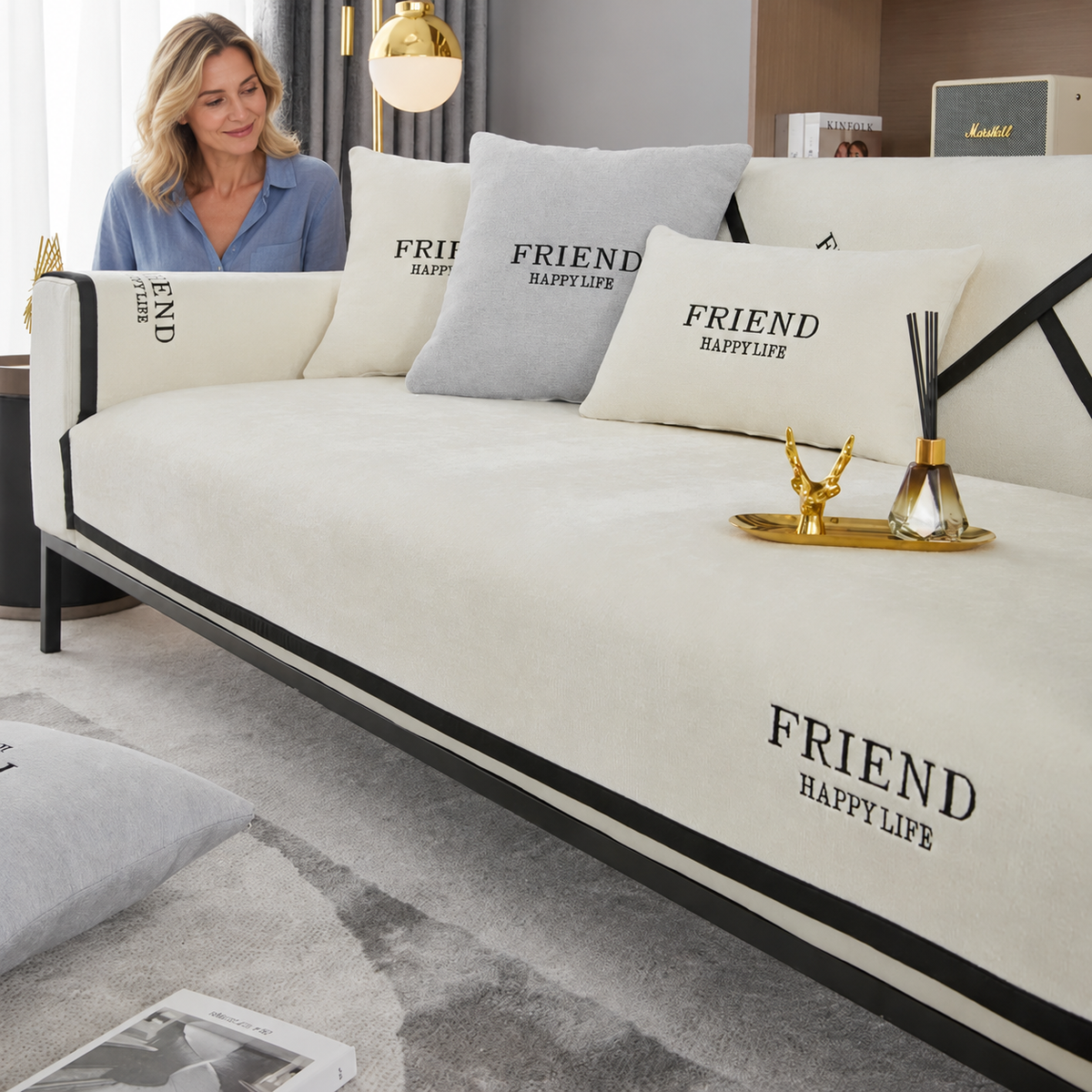 Sofa Decor Kensington Chenille Cushion Cover in A6, styled with a blonde woman.