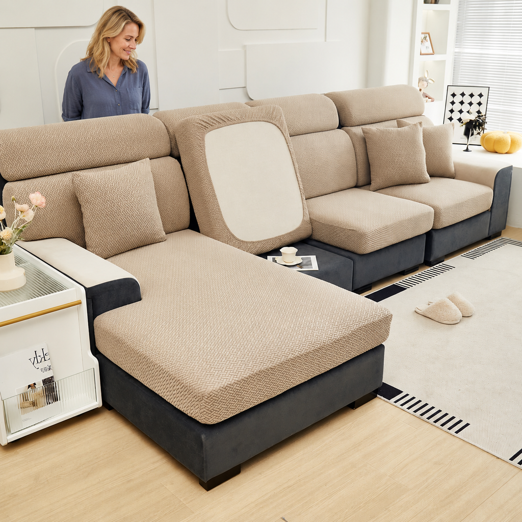 Sofa Decor Milan Twill Stretch Sofa Slipcover in Color  10, styled with a blonde woman.