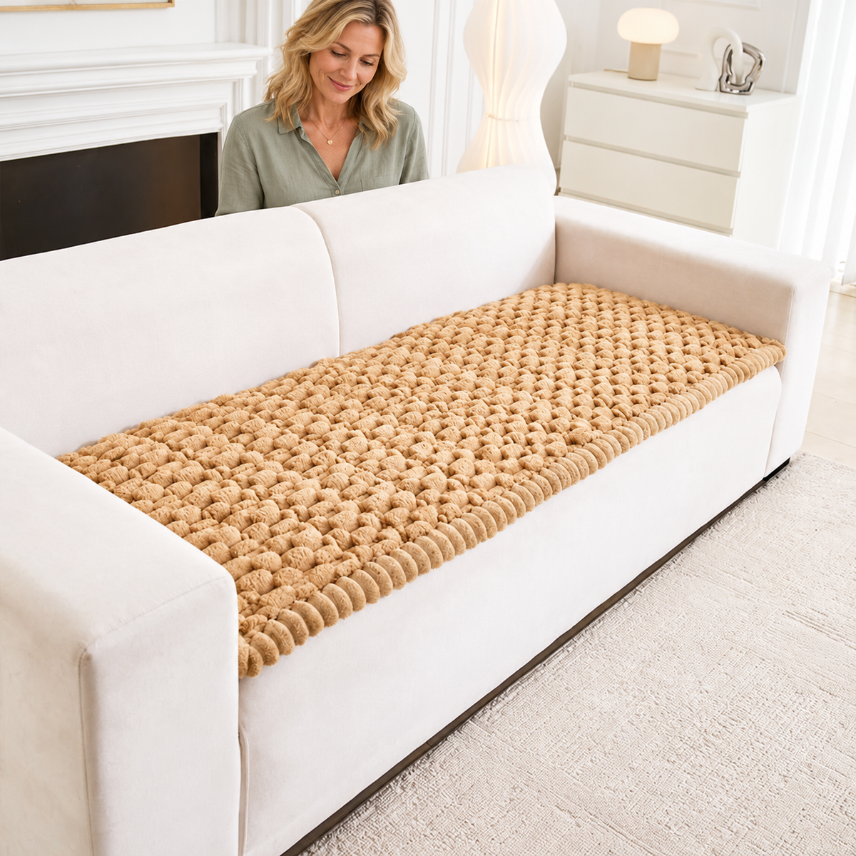 Sofa Decor Luna Fluffy Sofa Seat Cushion in Brown, styled with a blonde woman.