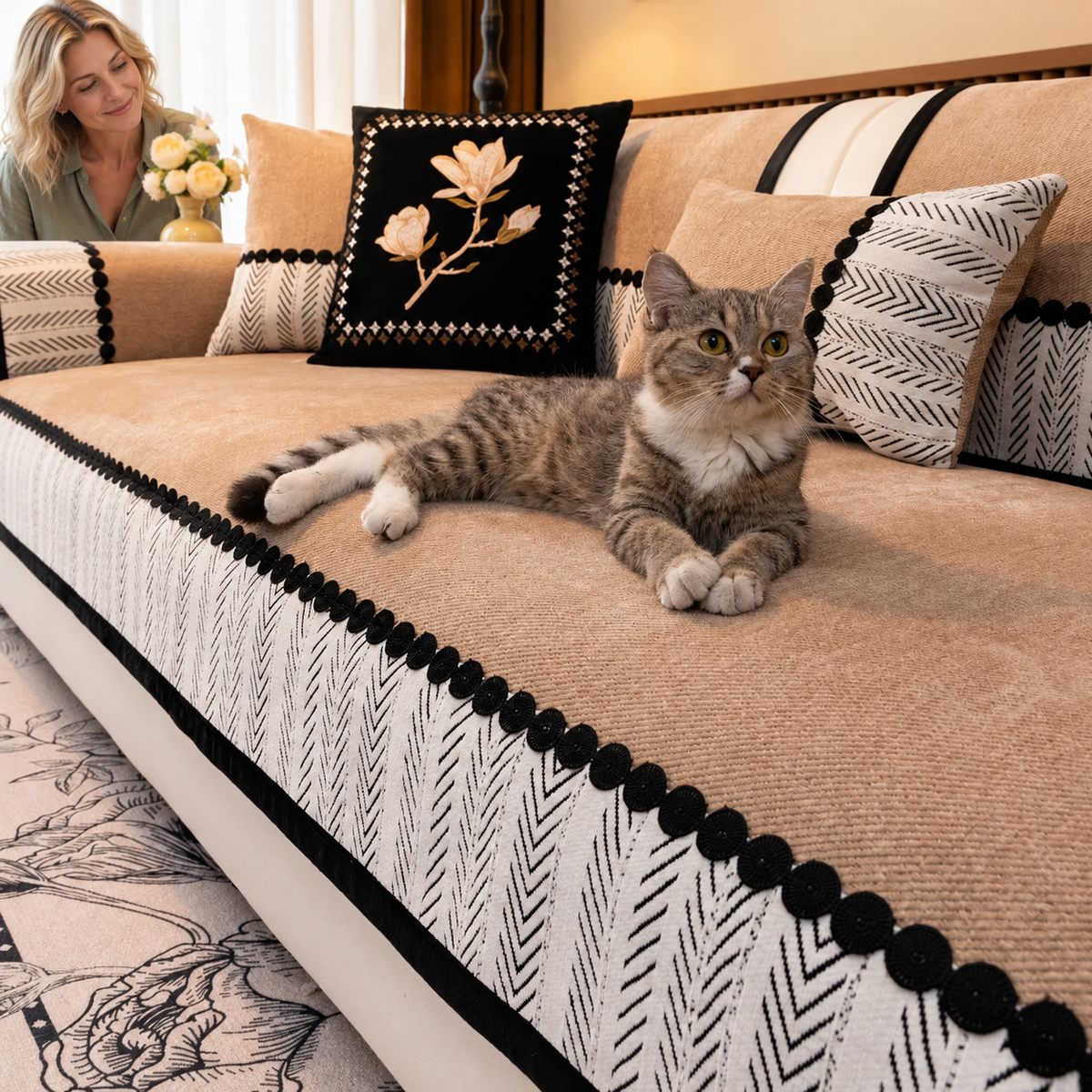 Sofa Decor Marlow Chenille Sofa Seat Cover in Khaki, styled with a blonde woman.