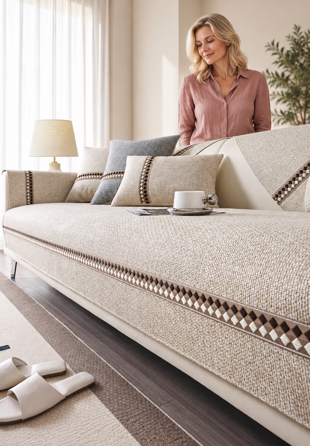 Sofa Decor Haven Thick All Season Sofa Cover in A1 Beige yellow, styled with a blonde woman.