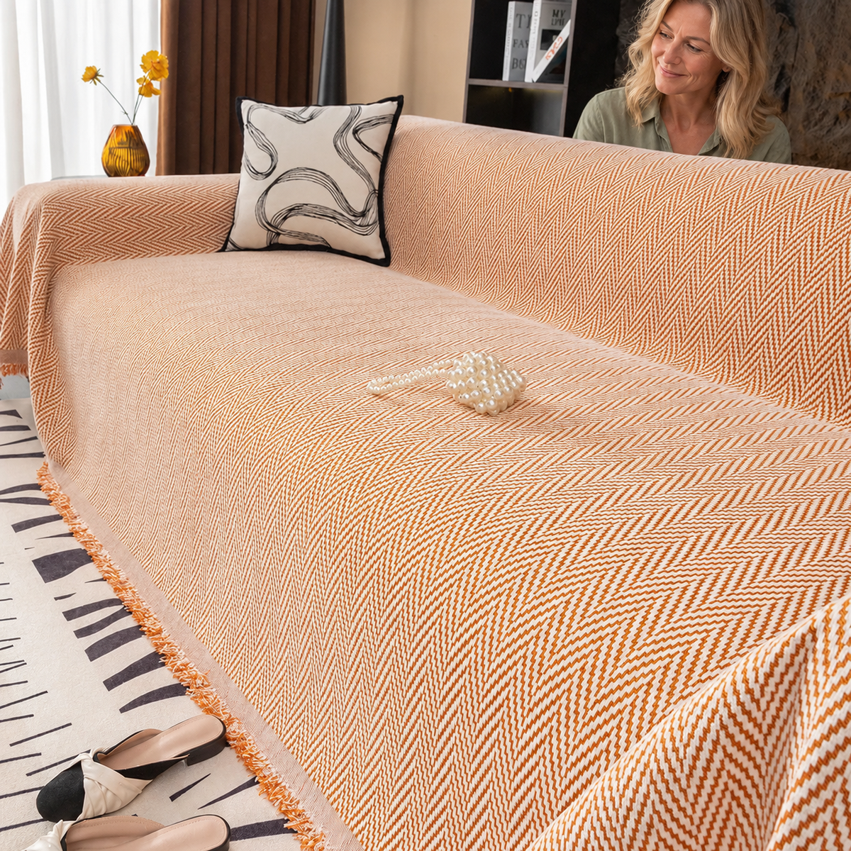 Sofa Decor Bergen Chenille Sofa Throw Cover in A2 Orange color, styled with a blonde woman.