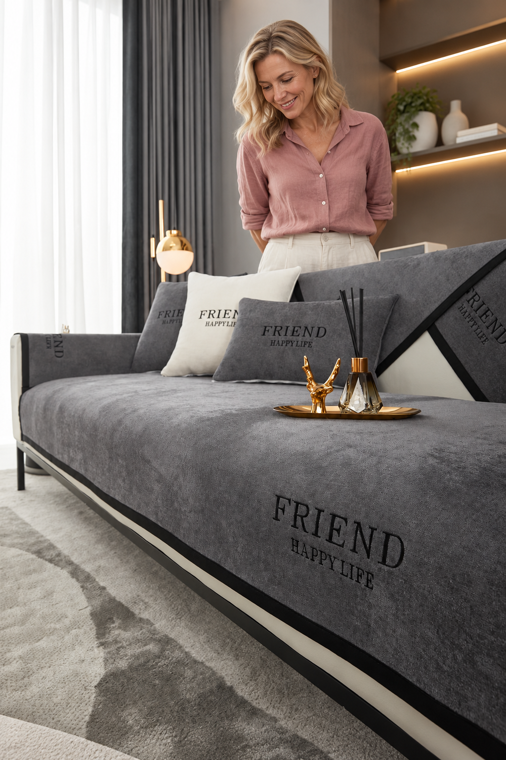 Sofa Decor Kensington Chenille Cushion Cover in A4, styled with a blonde woman.