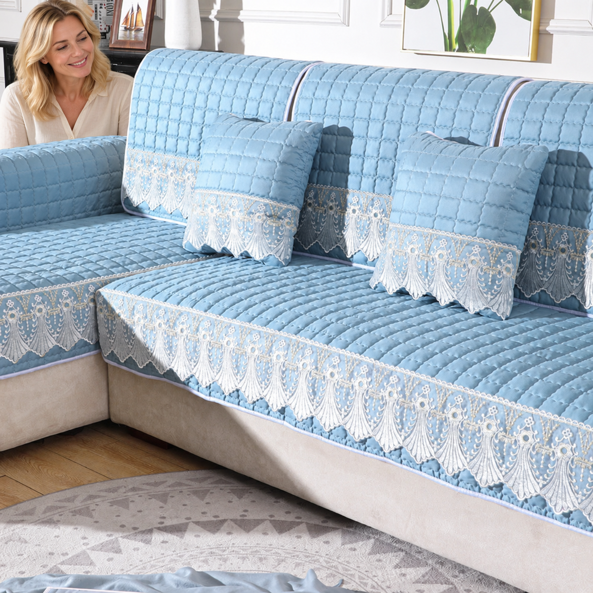 Sofa Decor Willow Brushed Sofa Seat Cover in light blue, styled with a blonde woman.