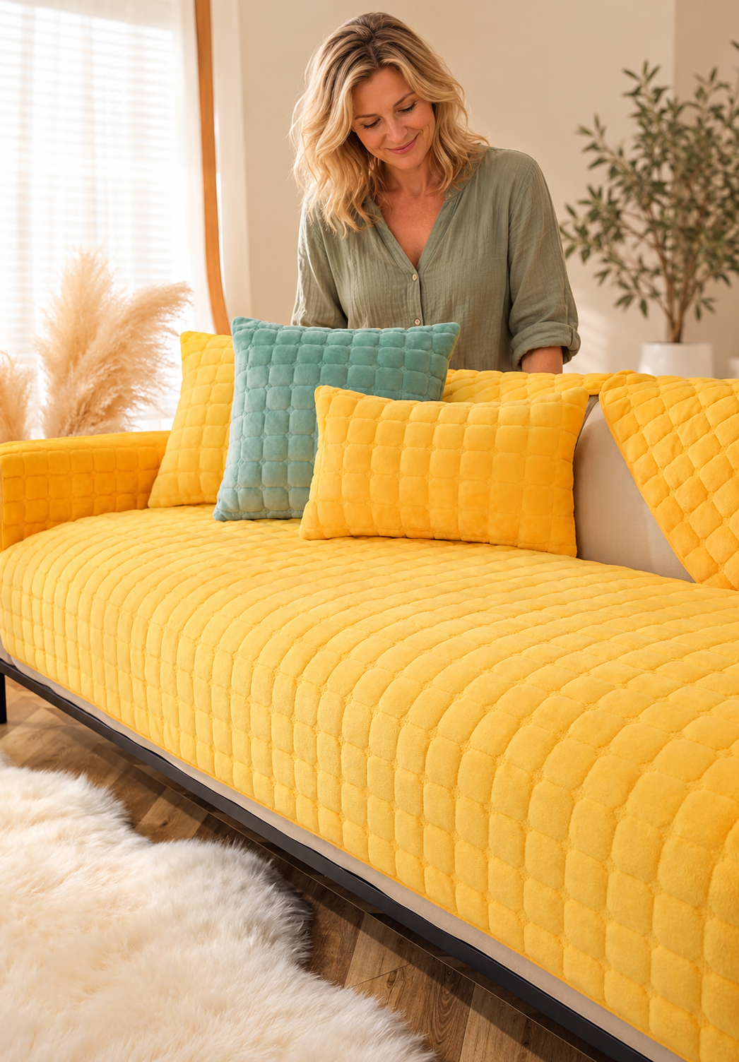 Sofa Decor Raine Plush Flannel Cushion Cover in Yellow, styled with a blonde woman.
