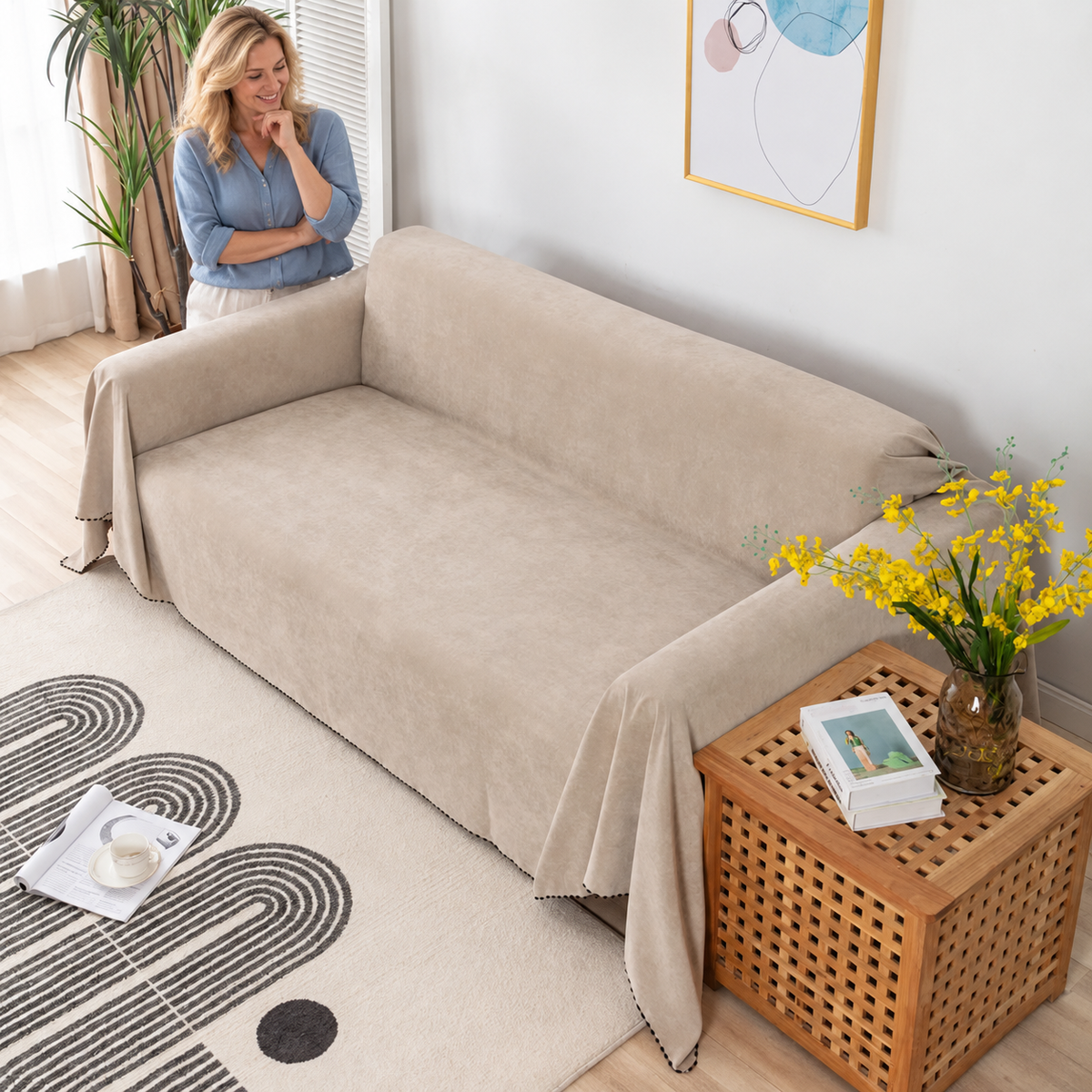 Sofa Decor Slate Water Resistant Sofa Blanket Cover in khaki, styled with a blonde woman.