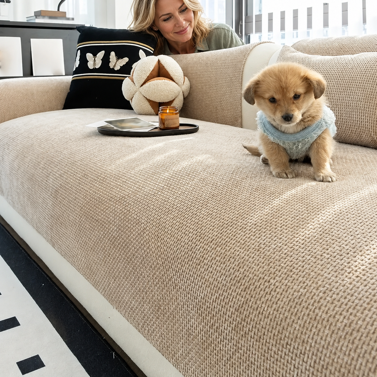 Sofa Decor Oslo Minimal Jacquard Sofa Cover in Khaki, styled with a blonde woman.