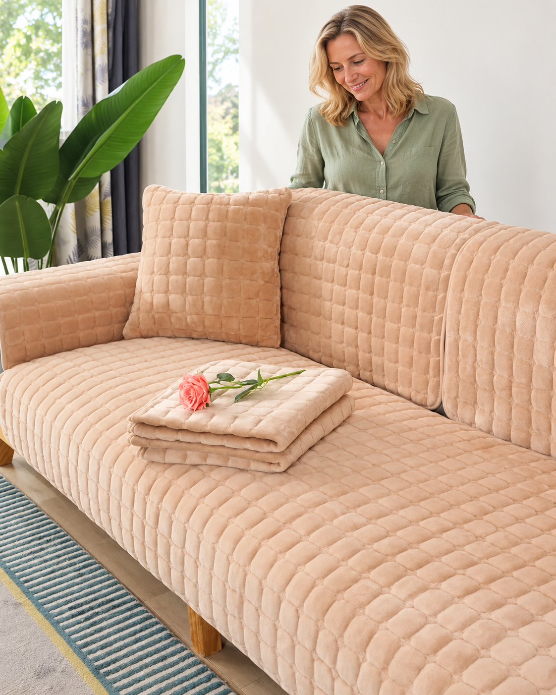 Sofa Decor Raine Plush Flannel Cushion Cover in Khaki, styled with a blonde woman.