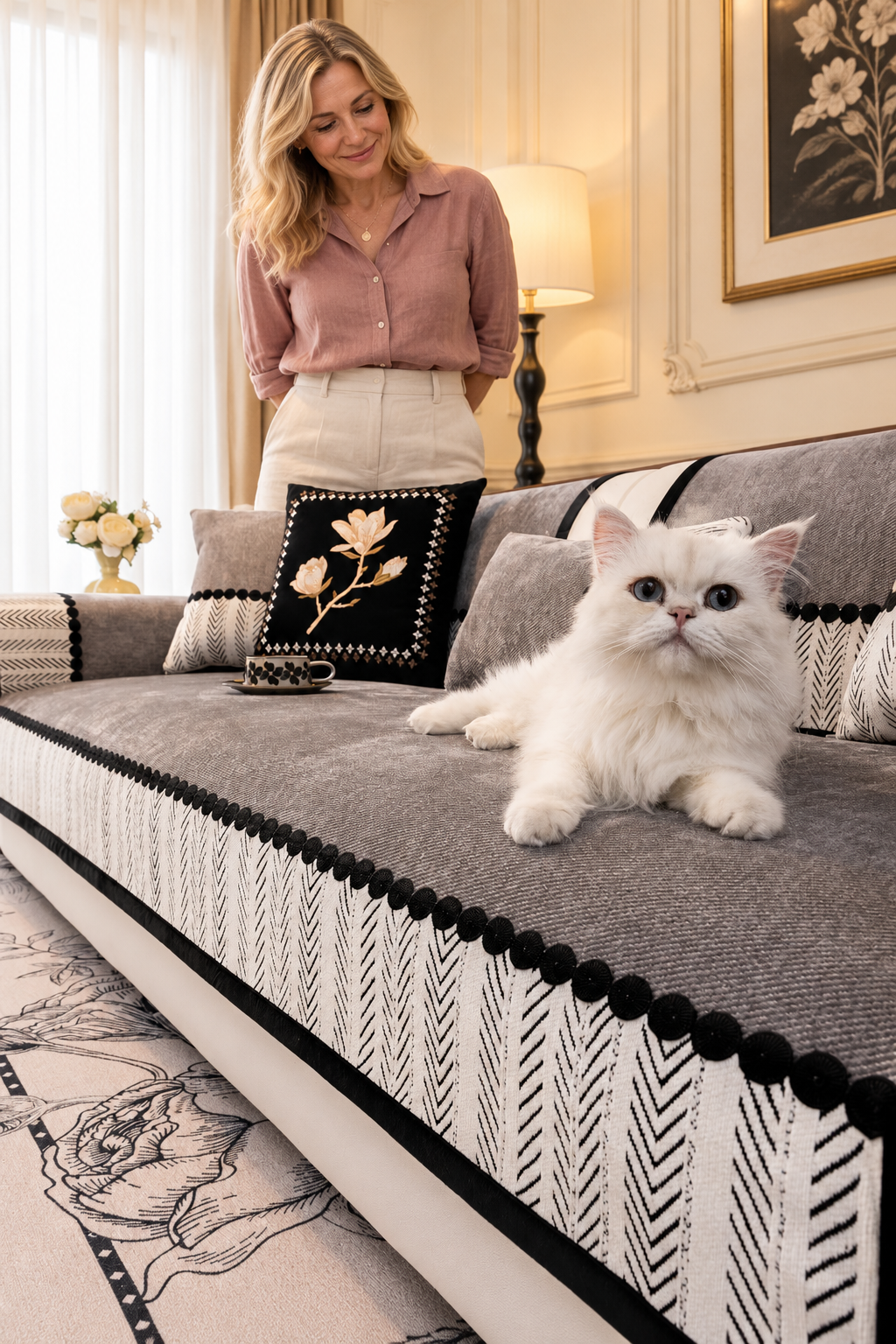 Sofa Decor Marlow Chenille Sofa Seat Cover in Dark Grey, styled with a blonde woman.