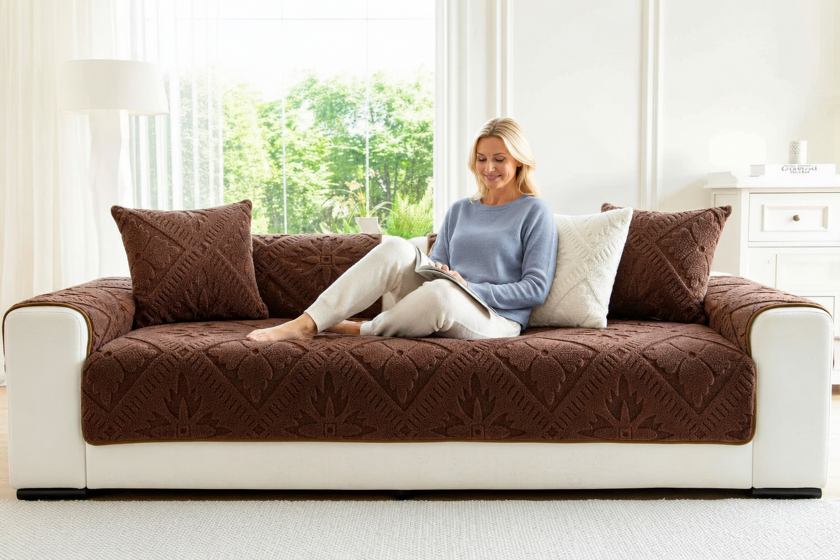 Sofa Decor Provence Plush Winter Sofa Seat Pad in A4 Coffee, styled with a blonde woman.