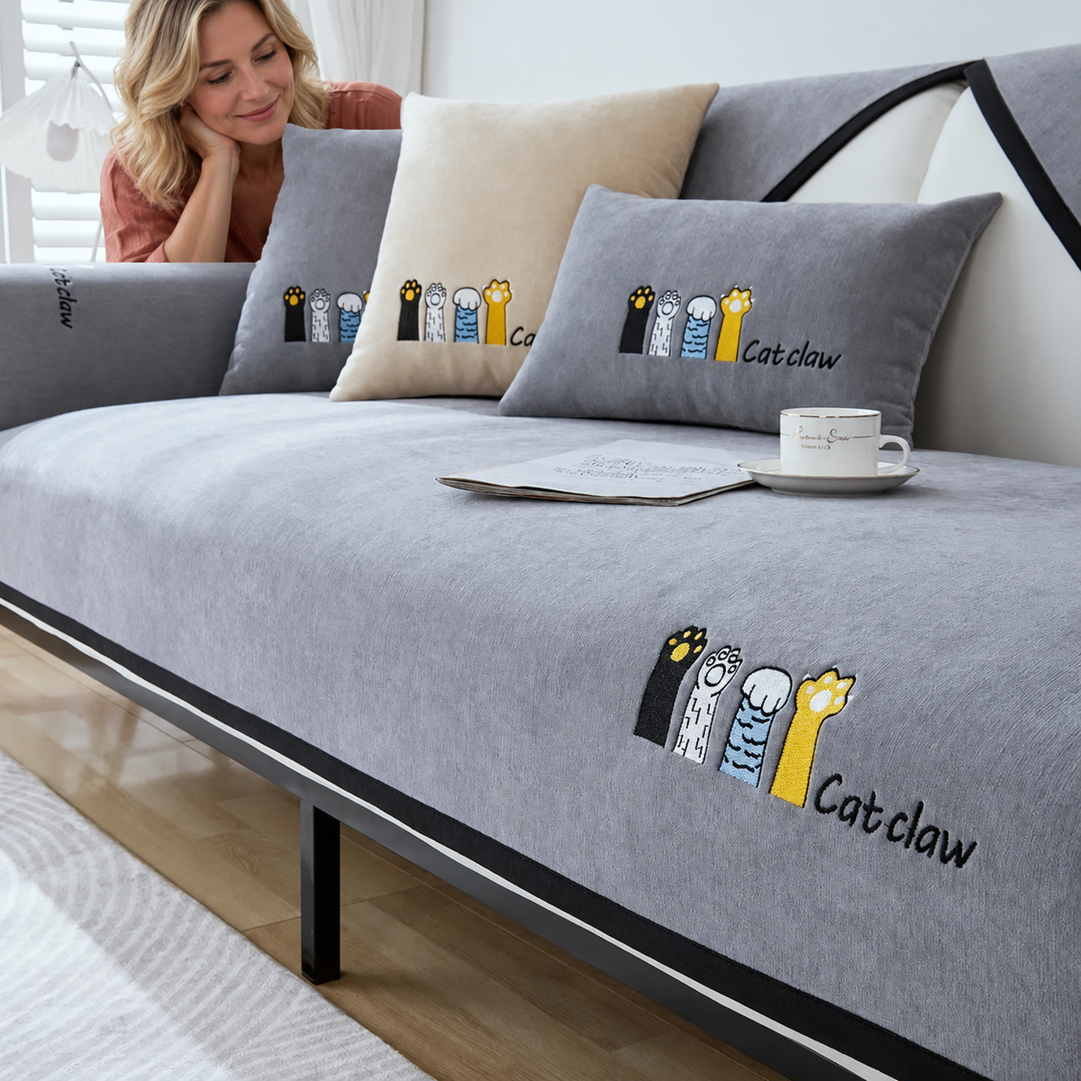 Sofa Decor Como Water Resistant Chenille Cushion Cover in B, styled with a blonde woman.