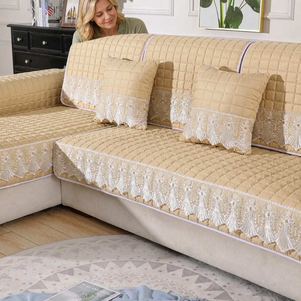 Sofa Decor Willow Brushed Sofa Seat Cover in beige, styled with a blonde woman.