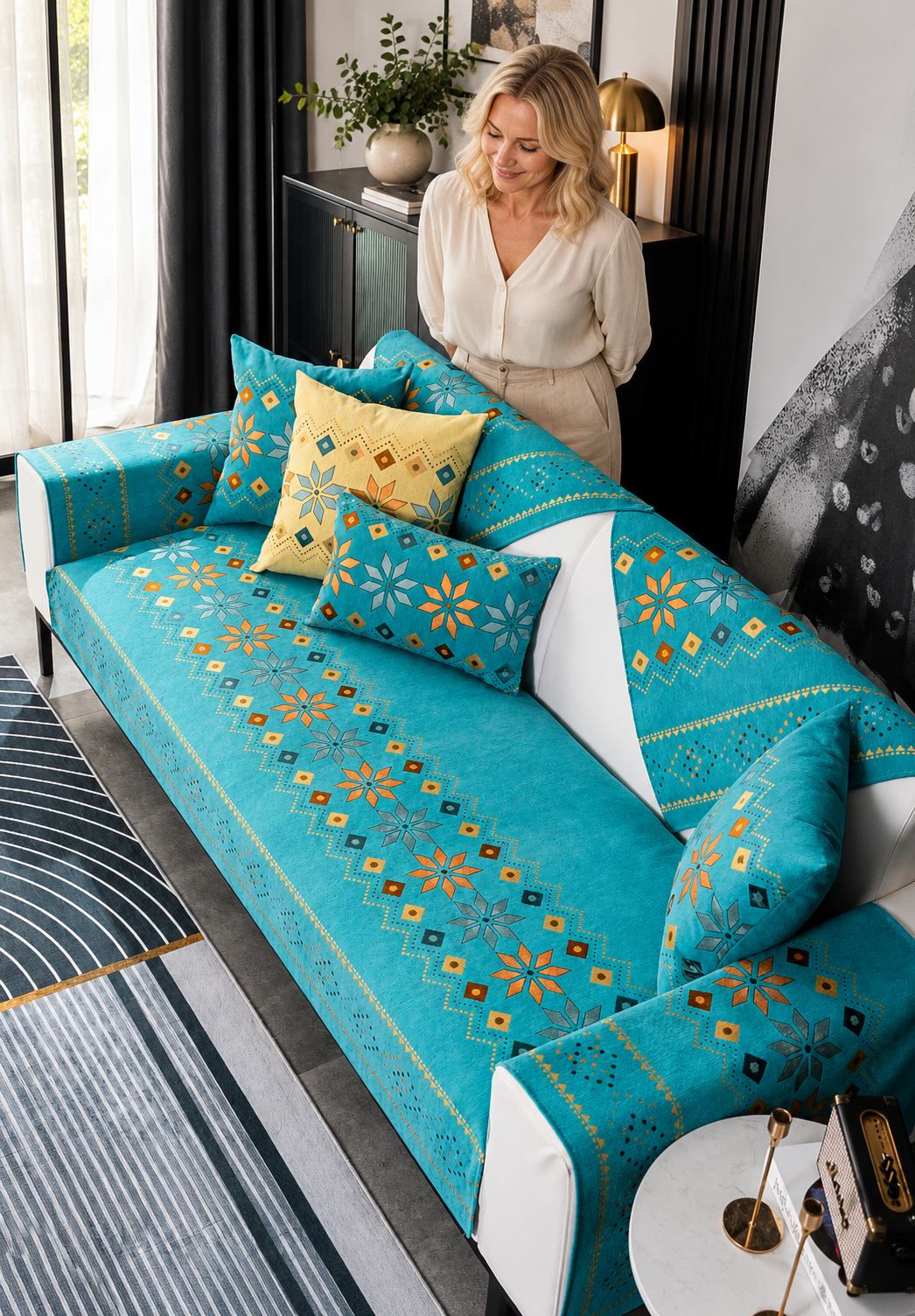 Sofa Decor Nordic Chenille Sofa Cover in N4, styled with a blonde woman.