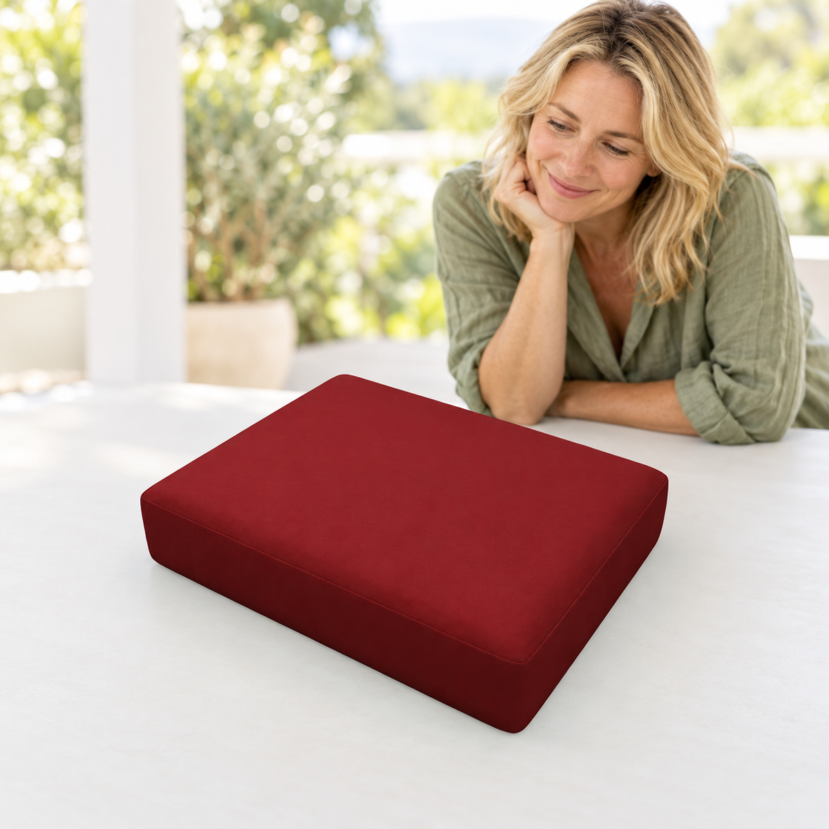 Sofa Decor Avalon Water Resistant Outdoor Chair Covers in 1, styled with a blonde woman.