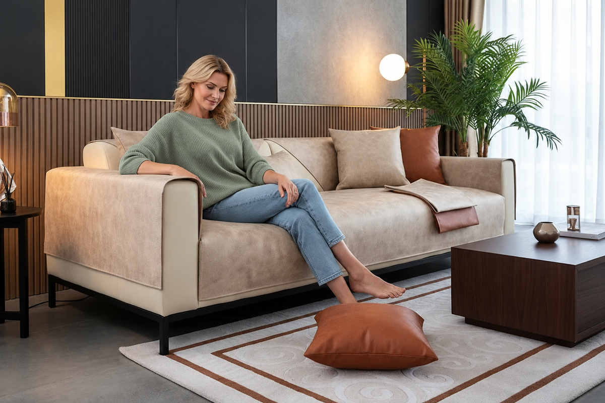 Sofa Decor Talia Tech Fabric Sofa Cover in A1, styled with a blonde woman.