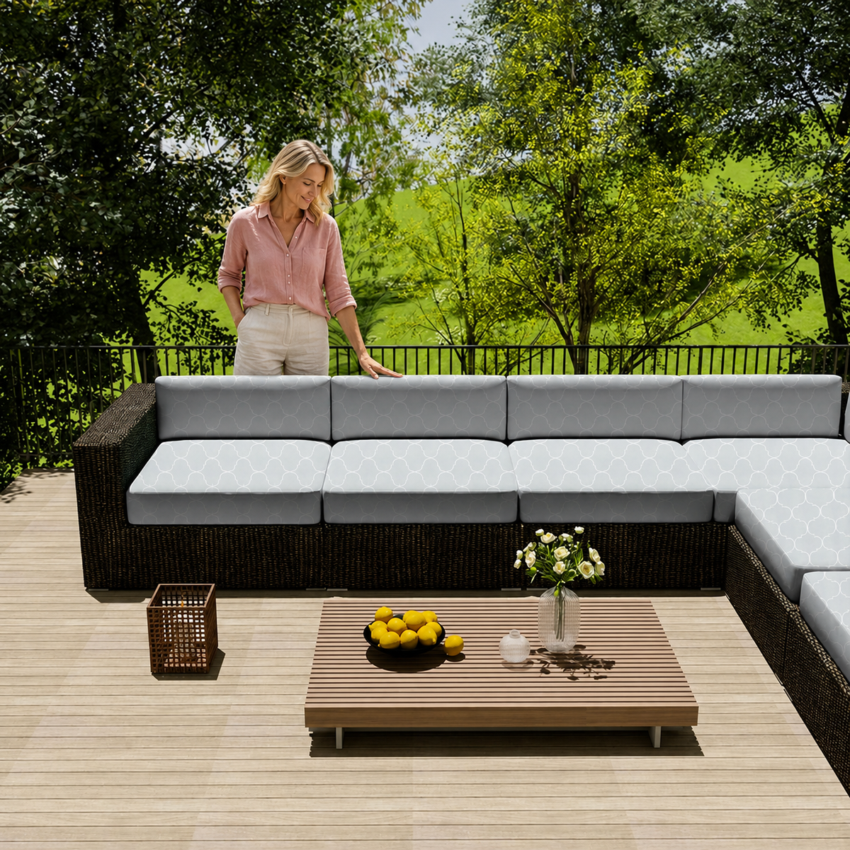 Sofa Decor Avalon Water Resistant Outdoor Chair Covers in 11, styled with a blonde woman.