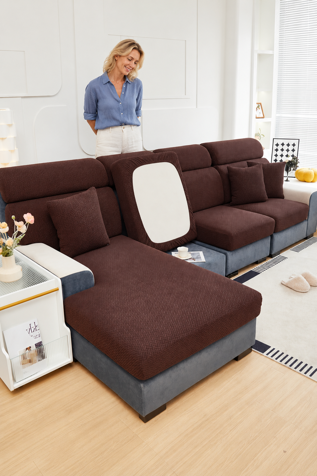 Sofa Decor Milan Twill Stretch Sofa Slipcover in Color  13, styled with a blonde woman.