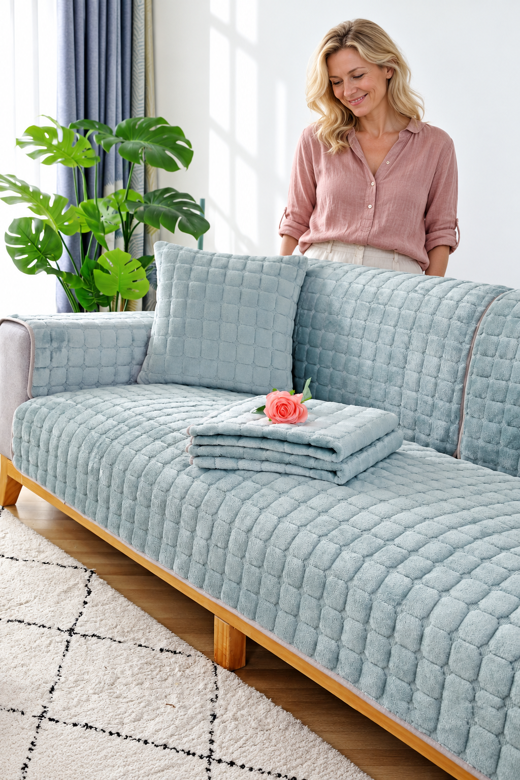 Sofa Decor Raine Plush Flannel Cushion Cover in Grey Green, styled with a blonde woman.