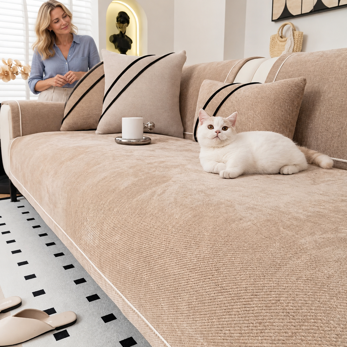 Sofa Decor Geneva Heavy Chenille Sofa Protector in Khaki / Australia, styled with a blonde woman.