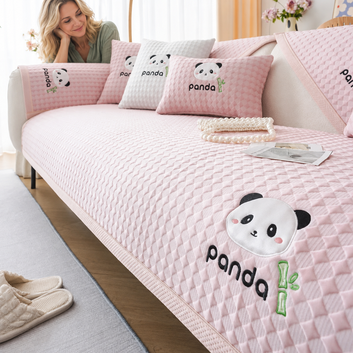 Sofa Decor Juno Ice Silk Sofa Mat in Pink, styled with a blonde woman.