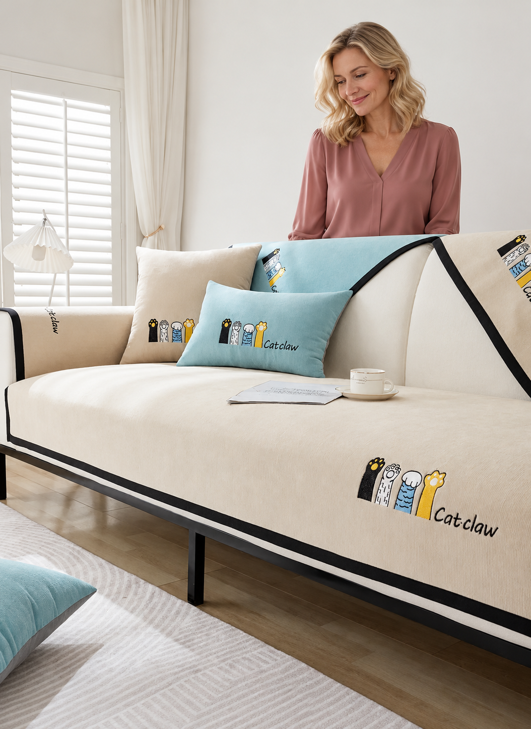 Sofa Decor Como Water Resistant Chenille Cushion Cover in C, styled with a blonde woman.